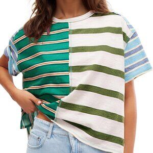 Womens Summer Striped Shirts Casual Color Block Short Sleeve Tops Loose Fit Crew